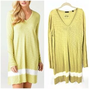 ATM Womens Slub Jersey Long Sleeve Dress Size L Chartreuse Yellow Green Burnout